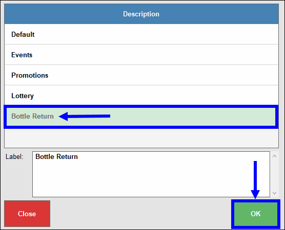 Bottle return selection and ok button highlighted