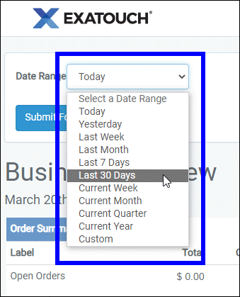 Date range dropdown with last 30 days highlighted