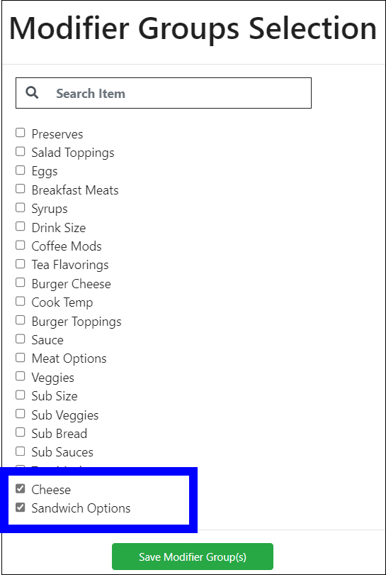 Cheese and sandwich options checkboxes selected on modifier groups selection popu