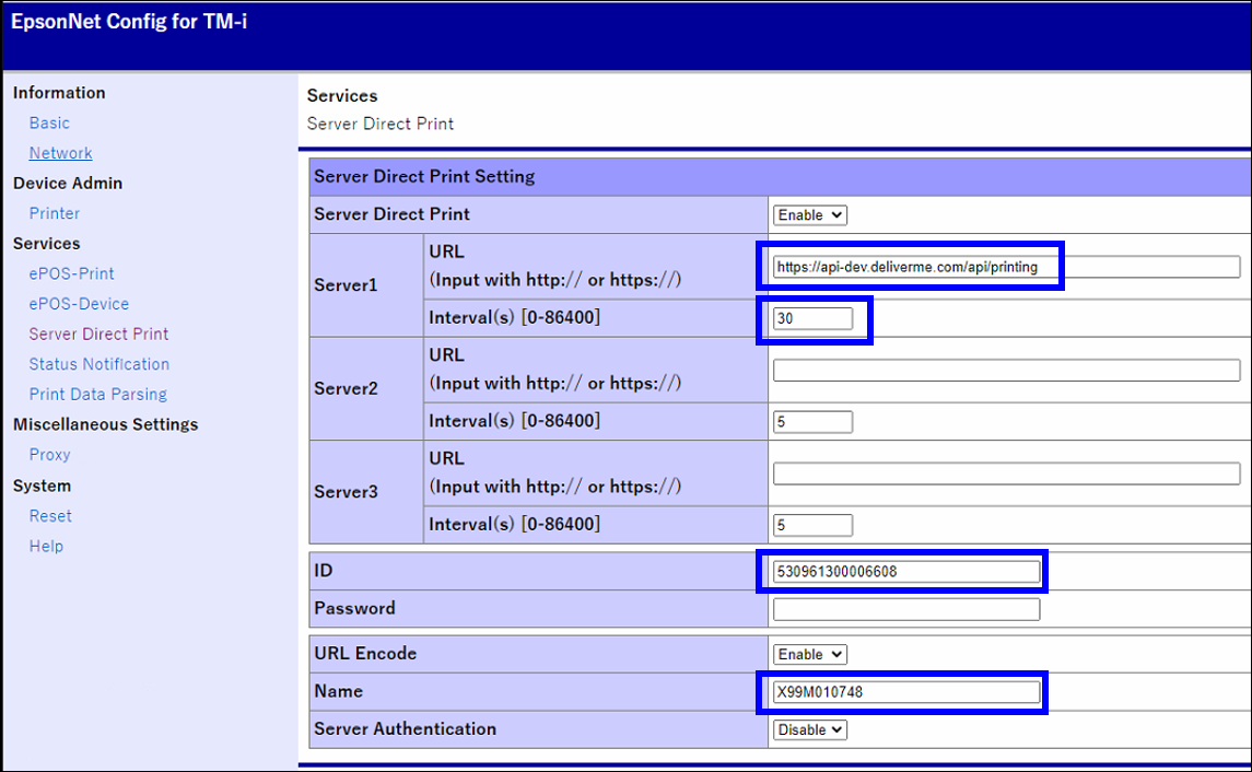 Server setting fields highlighted on services page of epsonnet configuration site