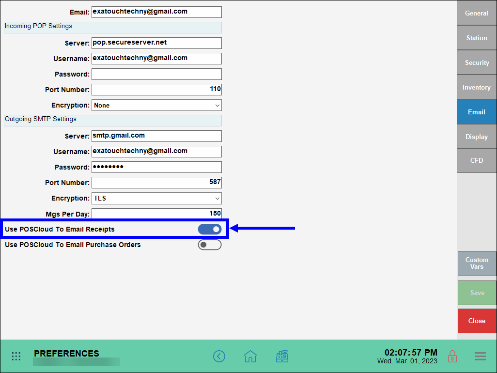 Verify use pos cloud to email receipts setting enabled and highlighted