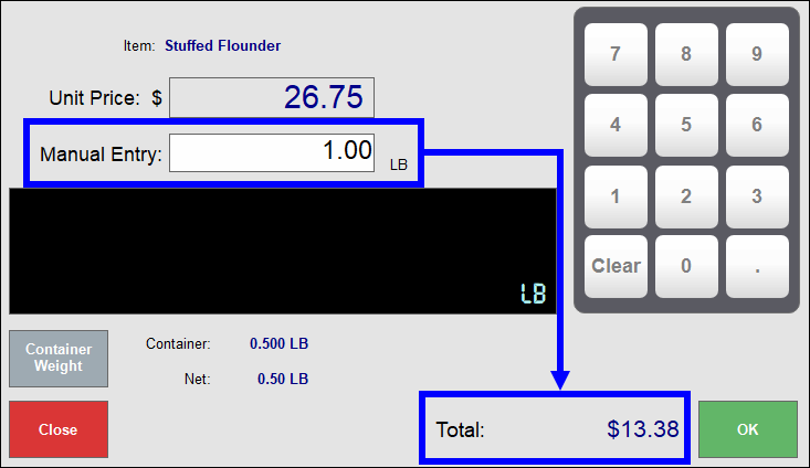 Manual entry field highlighted with arrow leading total price on weighted item popup