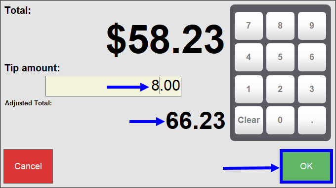 tip amount adjusted total and ok button highlighted on pay screen popup