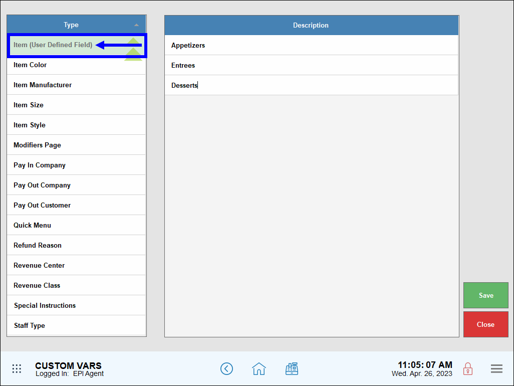 Item user defined field option highlighted on custom vars screen