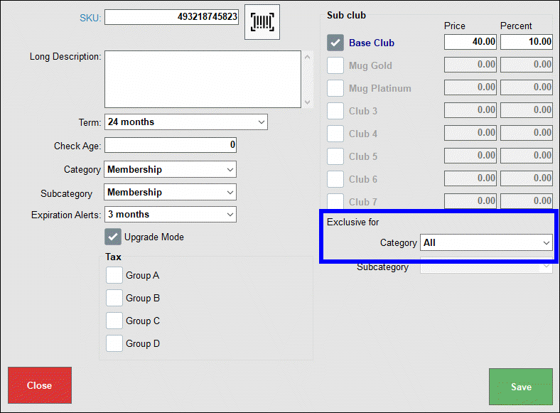 Exclusive for category dropdown menu highlighted on club settings screen