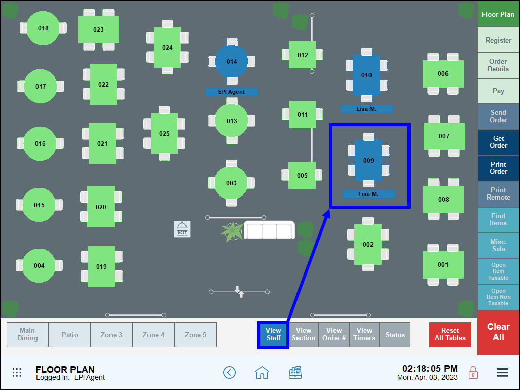 View staff button highlighted with arrow pointing to table on floor plan screen