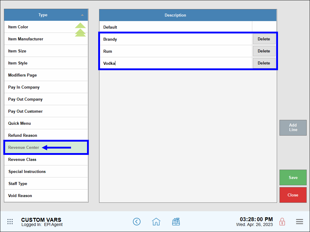 Revenue center and examples highlighted on custom vars screen
