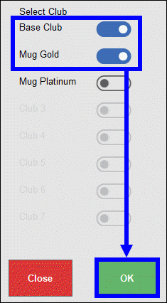 Base club and mug gold settings highlighted with arrow pointing to ok button