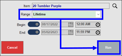 Lifetime date range with arrow to run button