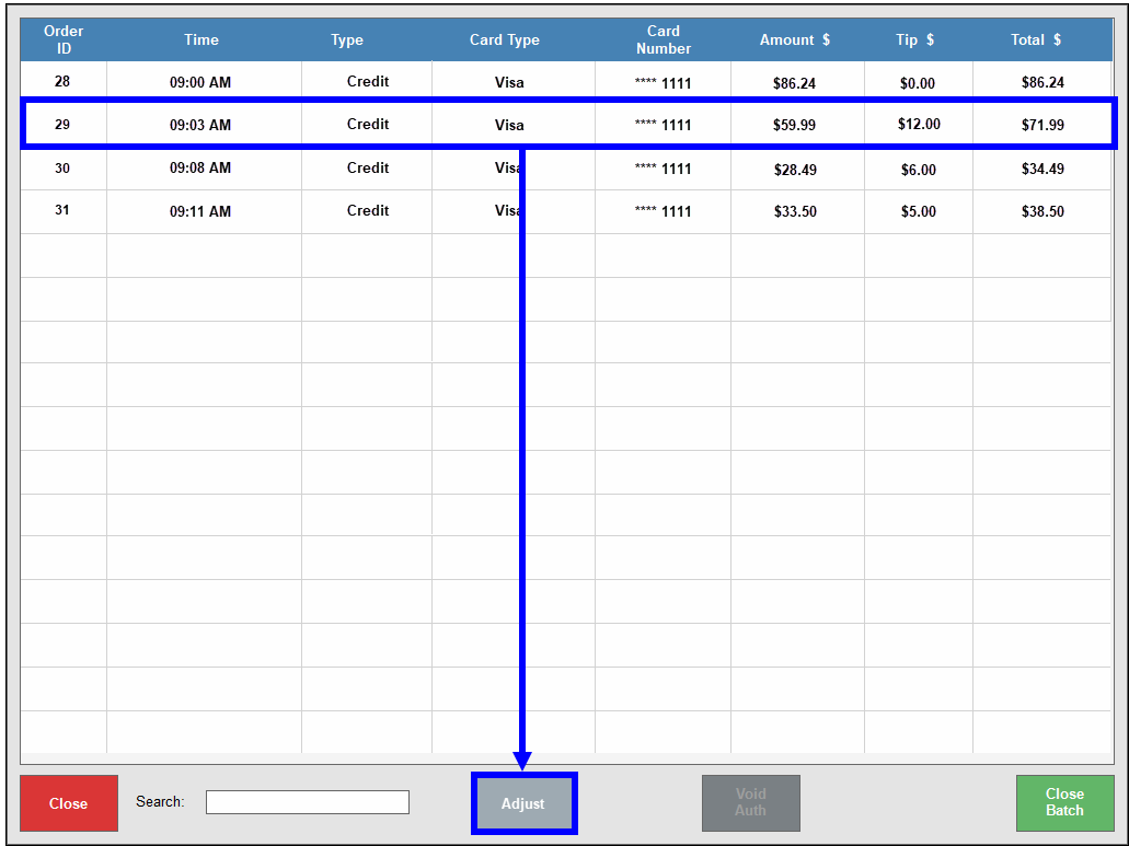 Arrow pointing from sample batch to adjust button on batch list screen