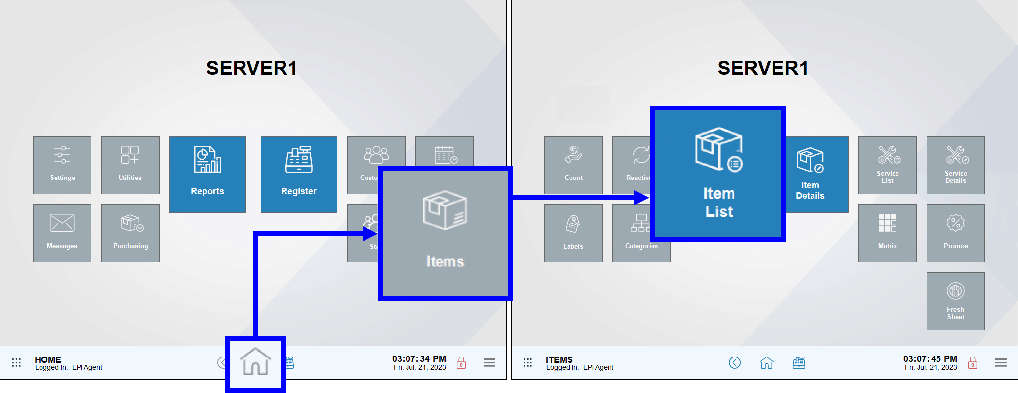 Home icon highlighted with arrows leading to items module and item list submodule
