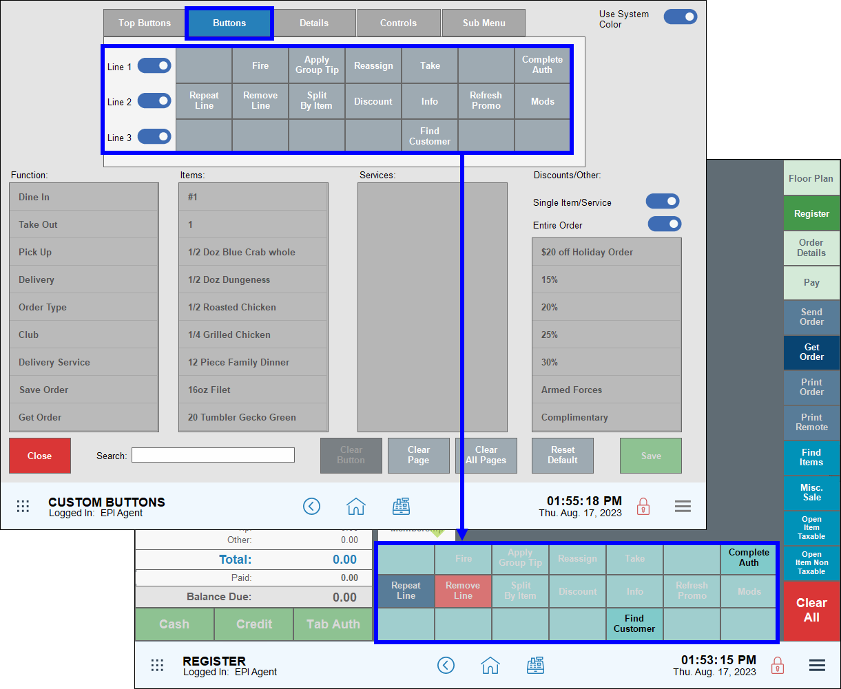 Buttons tab and custom buttons grid highlighted on custom buttons screen