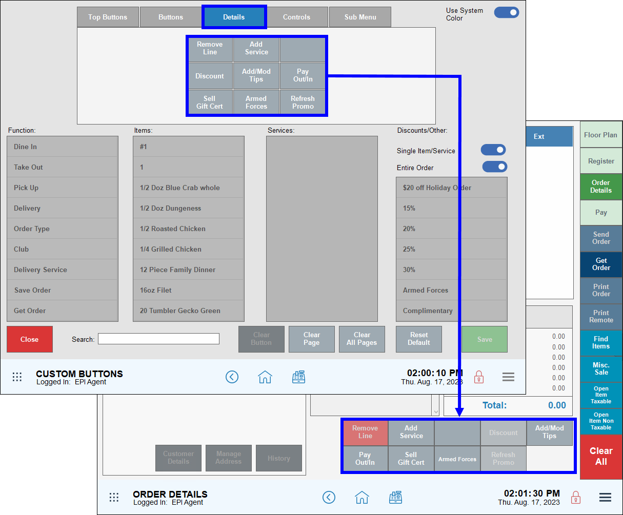 Details tab and custom buttons grid highlighted on custom buttons screen with arrow leading to matching buttons on order details screen