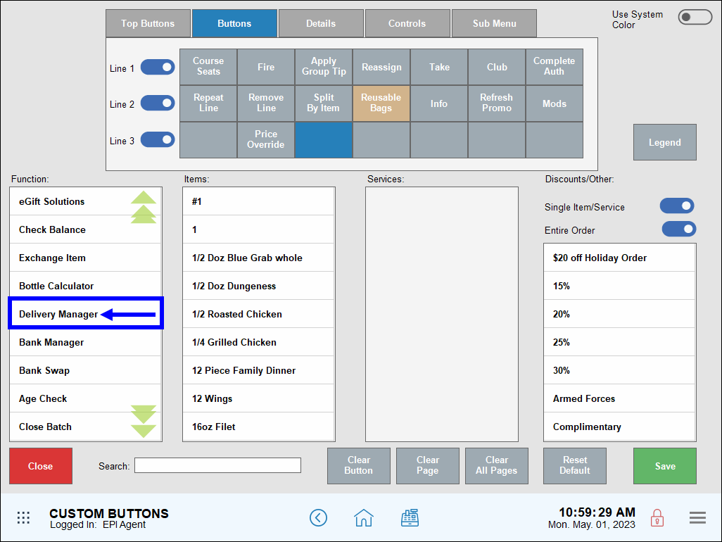 Delivery manager highlighted in function list of custom buttons screen