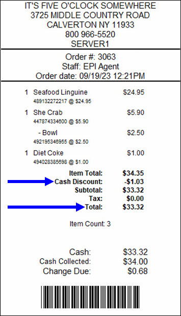 Customer receipt with arrows pointing to cash discount and total price