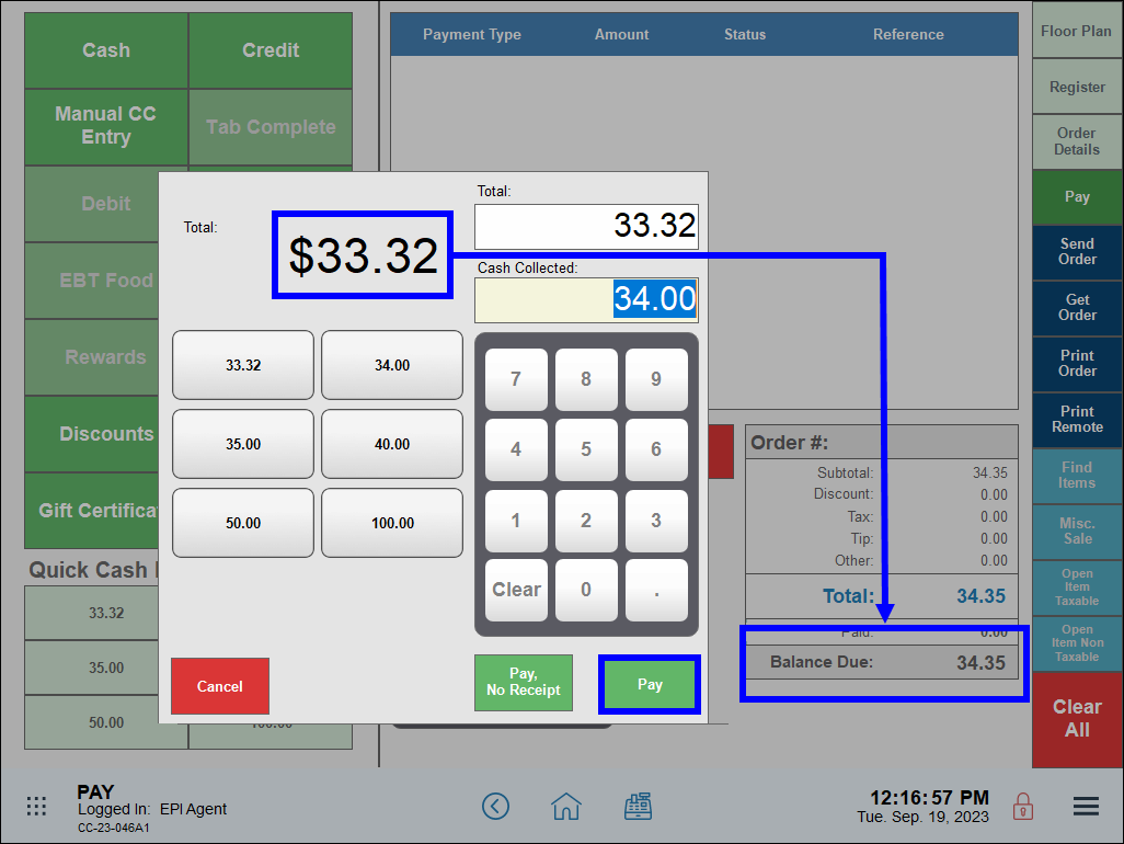 Pay button and order total highlighted with arrow leading to balance due line