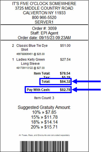 Sample receipt with total of $84.32 and pay with cash amount of $82.78 highlighted