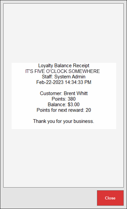 Loyalty balance receipt displays