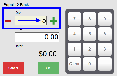 Quantity field highlighted on pop-up screen