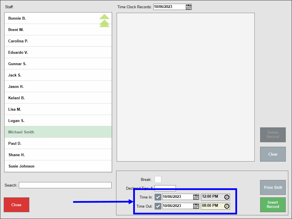 Time in and time out fields highlighted with dates and times entered