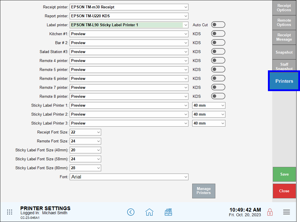 Printers tab highlighted on printer settings screen