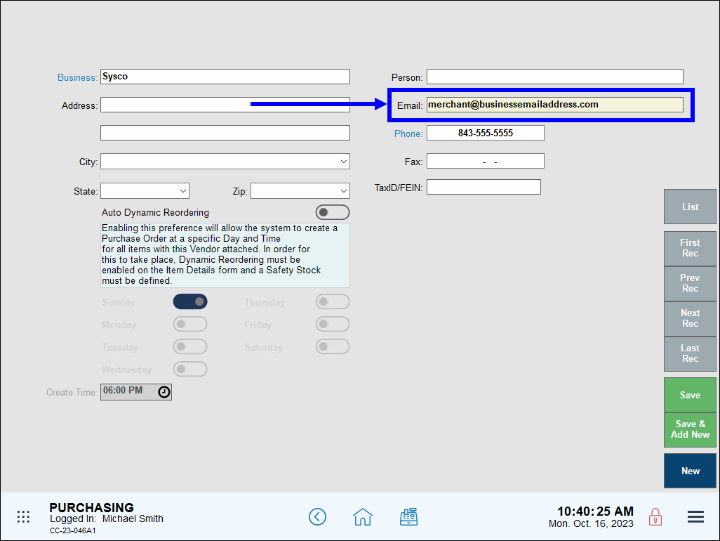 Vendor details screen with email field highlighted