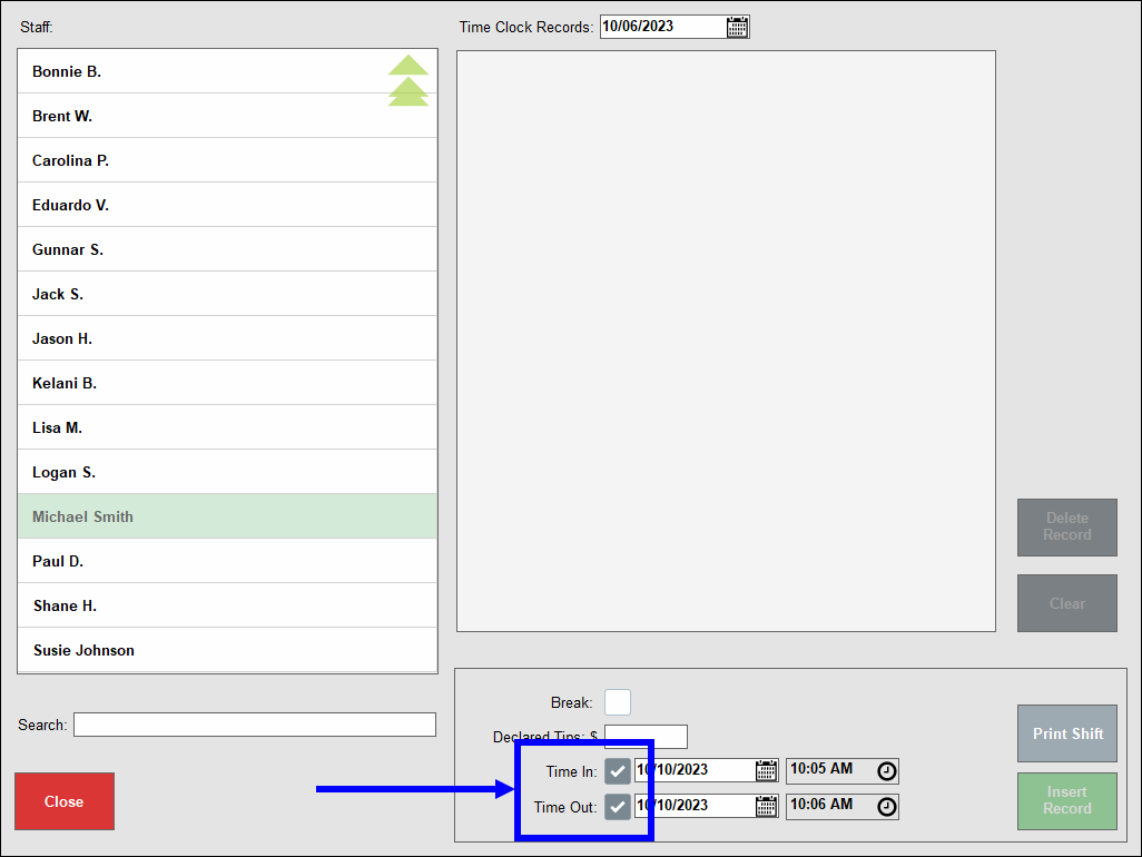 Time in and time out checkboxes highlighted and selected