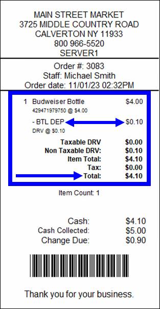 Receipt with arrows pointing to bottle deposit and total line items