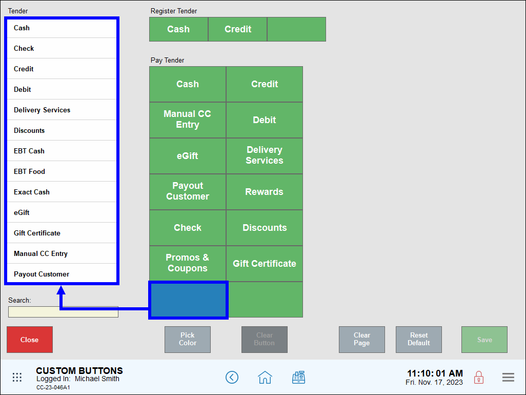 Blank button in payment grid highlighted with arrow leading to illuminated tender list