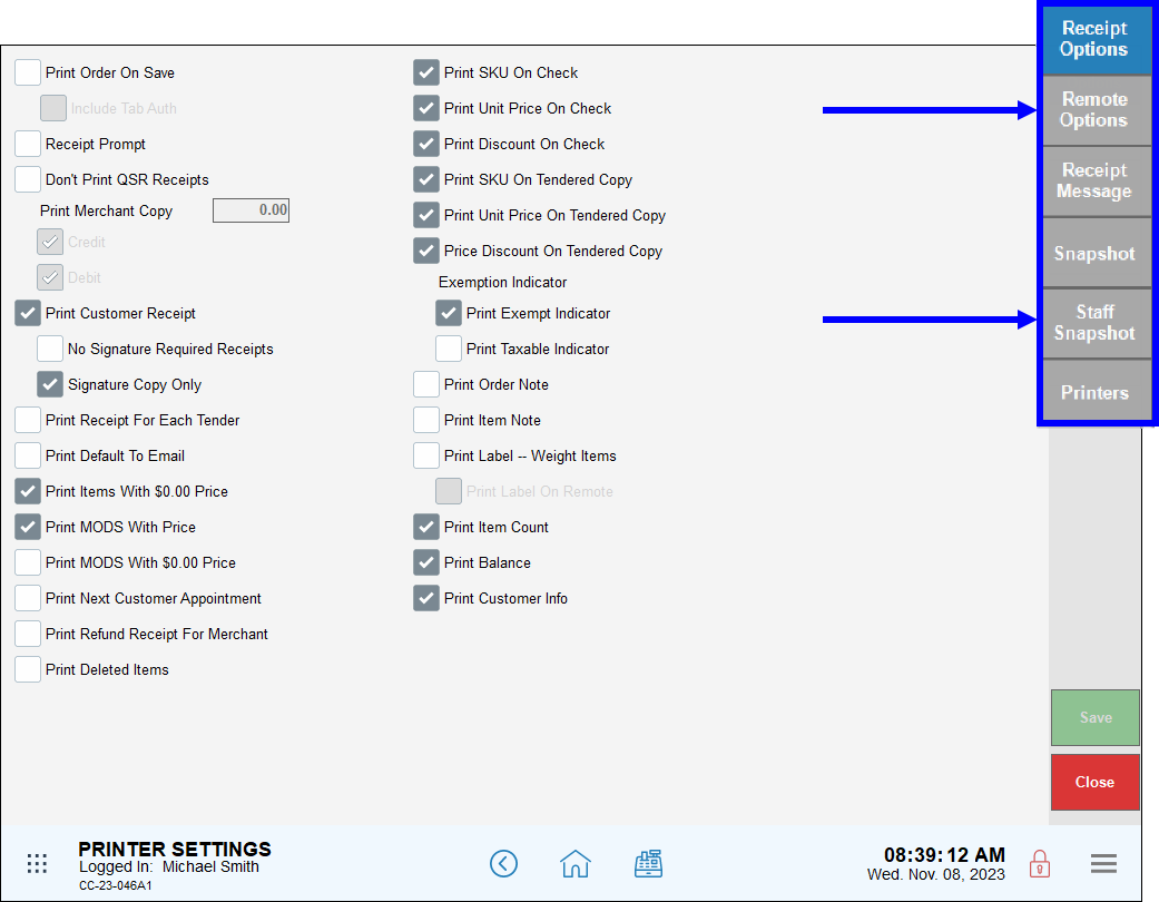 Printer setting tabs highlighted on printer settings screen