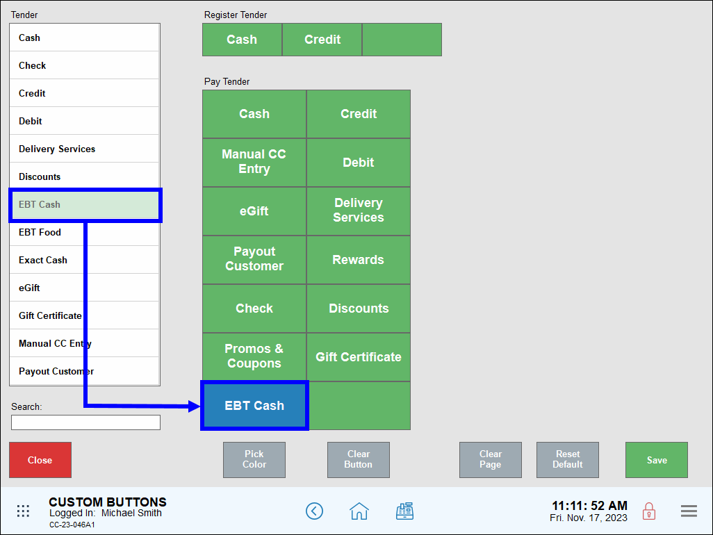 EBT cash highlighted in tender list with arrow leading to ebt cash button in payment option grid
