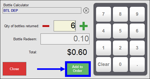 Add to order button highlighted on the bottle calculator pop-up