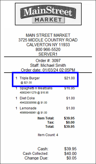 Triple burger displays on customer ticket