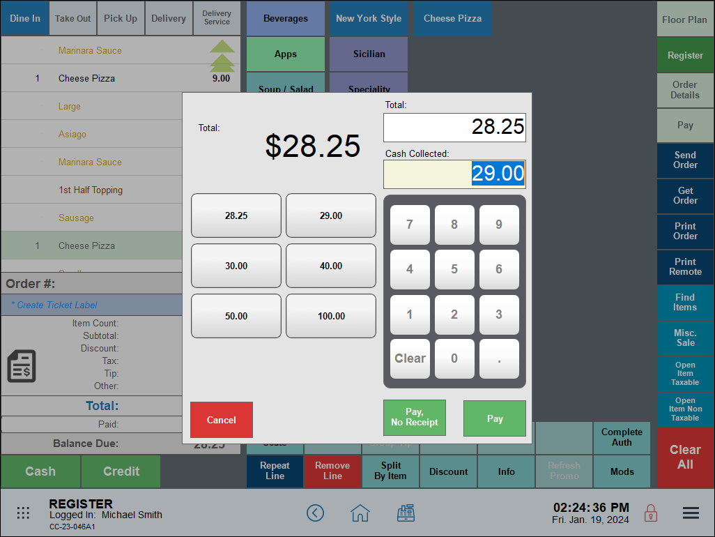 Process payment calculator pop-up screen