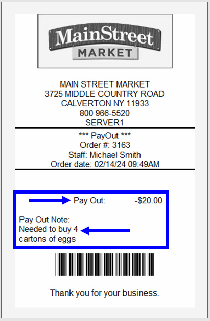 Receipt displays amount of payout and reason highlighted
