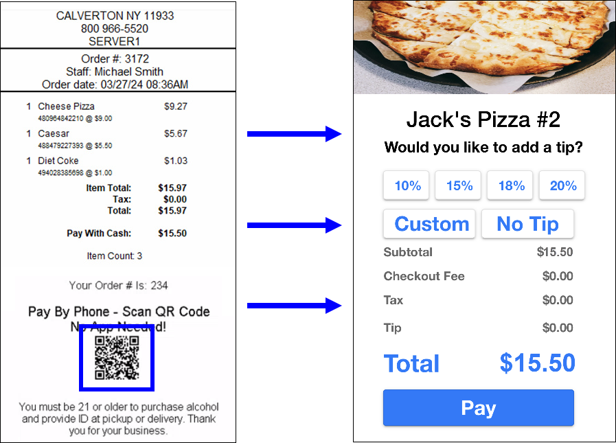 QR code highlighted on receipt with arrows pointing to smartphone screen with order payment options