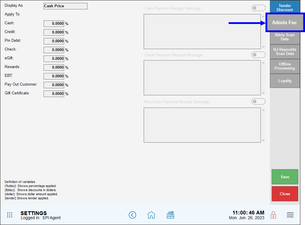 Admin fee tab highlighted on settings screen