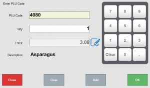 A grey window that displays over the Register. There is a pinpad on the right side of the window with 0 through 9, a decimal button, and a "Clear" button. There are three text boxes on the left side of the window for the following: PLU Code, Qty, and Price. The text box for PLU Code is yellow with "4080" in black text, which shows that the text box is active. There is an editing symbol next to the Price text box to show that it is customizable. On the bottom of the window, there are four buttons: a red button that says "Close", two grey buttons that say "Clear" and "Add" respectively, and a green button that says "Okay". All of these buttons have white text. 