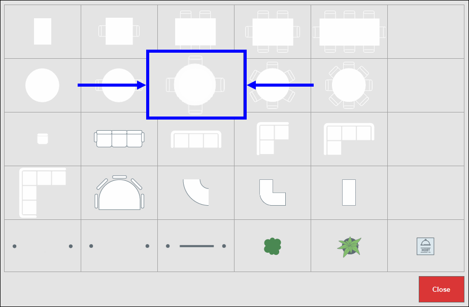 Round table of floor highlighted on floor plan setup selection screen
