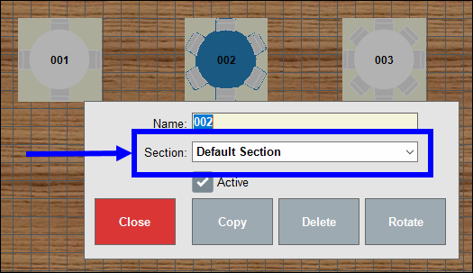 Section drop-down menu highlighted in section selection pop-up screen