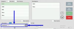A cropped screenshot of the Categories window. There are two arrows pointing to the Department setting on the left side of the screen, which includes a dropdown and a gear icon. 