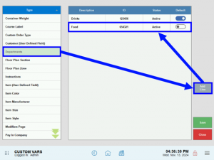 The Custom Vars (variables) settings. The Departments variable is selected, and there is an arrow from the variable to the Add Line button. There is another arrow from the button to a new department in the window on the right side of the screen.