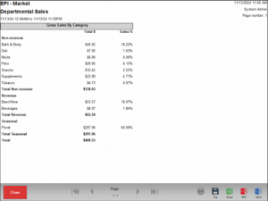 An example of a Departmental Sales report. There are three columns: Departments, Total $, and Sales %. There are three categories of department: Non-revenue, Revenue, and Seasonal.