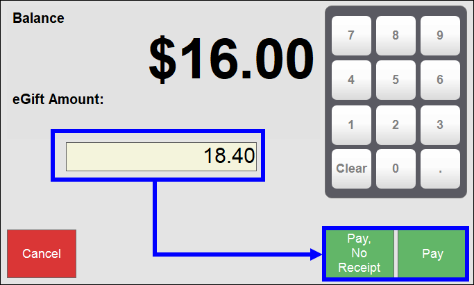 $15 entered in egift amount field with arrow leading to pay buttons