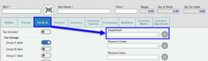 A cropped screenshot of the Tax & GL tab of the Item Details window. There is an arrow from the tax & GL tab to the Department setting on the right side of the screen, which includes a dropdown and a gear icon.