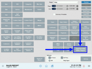 The Sales Report window. The Departmental Sales Report button in the bottom right is enlarged with two arrows pointing to it from the top and left side.