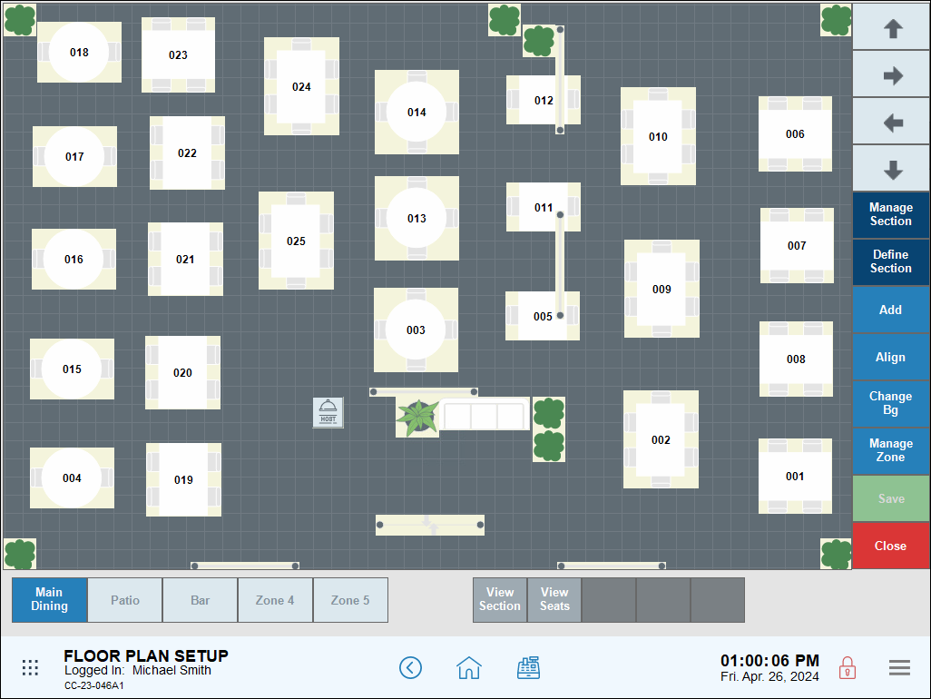 Floor plan designer screen with 24 large tables bunched together