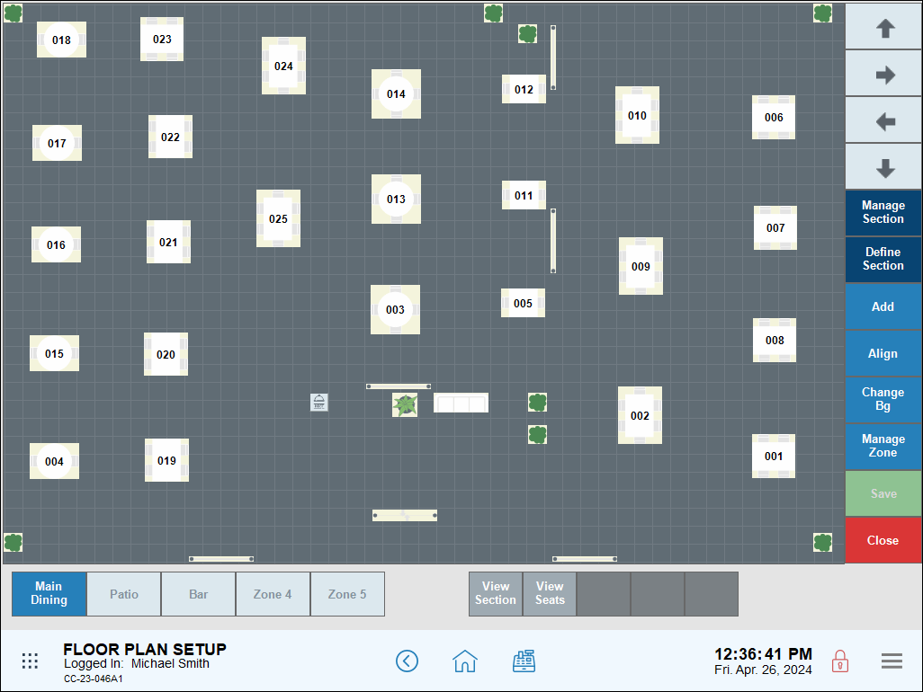 Floor plan designer screen with 24 small tables