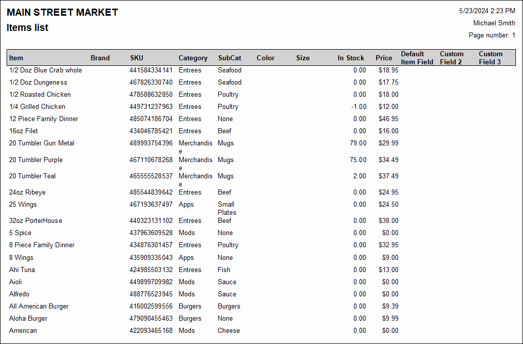 Items report sample that displays various sales category and pricing data