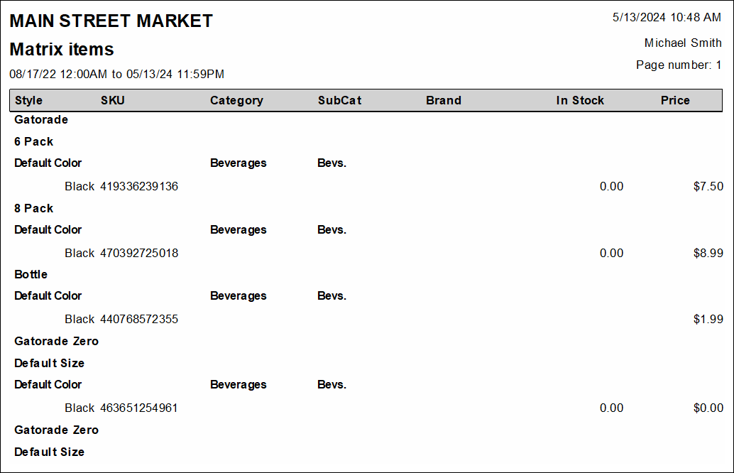 Sample matrix items report displays with product names sku numbers and inventory levels displayed